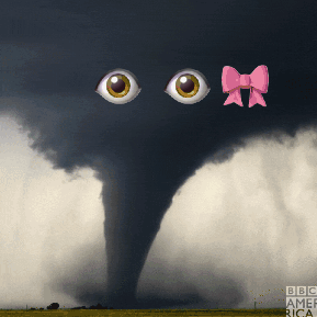 A Picture Of A Tornado With Two Eyes And A Pink Bow On It GIF