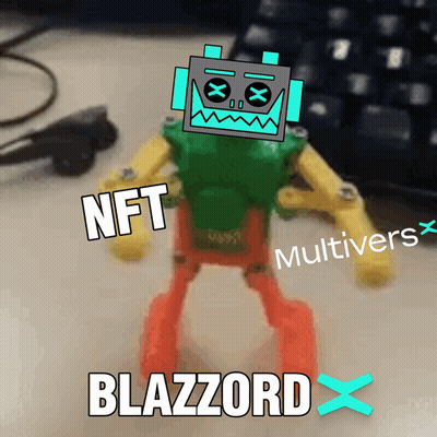 A Picture Of A Toy Robot With The Words Nft Blazzard On It GIF