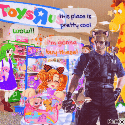 A Picture Of A Toys R Us Store With A Police Officer And A Girl GIF