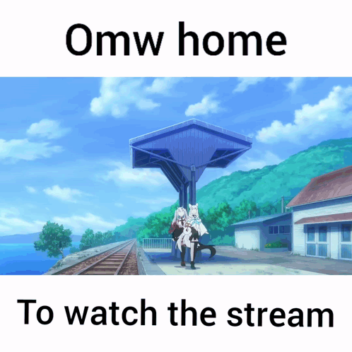 A Picture Of A Train Station With The Words Omw Home To Watch The Stream On The Bottom GIF