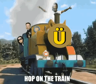 A Picture Of A Train That Says Hop On The Train On It GIF