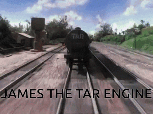 A Picture Of A Train With The Words James The Tar Engine On The Bottom GIF