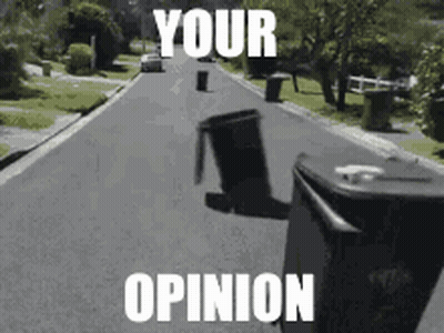 A Picture Of A Trash Can On The Side Of A Road With The Words Your Opinion GIF