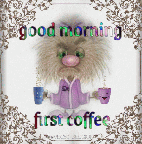 A Picture Of A Troll Holding Two Cups Of Coffee With The Words Good Morning First Coffee GIF