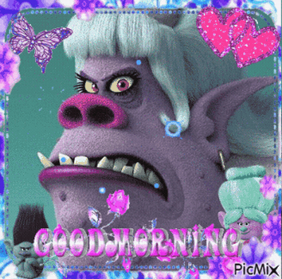 A Picture Of A Troll With The Words " Good Morning " On It GIF