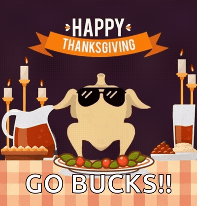 A Picture Of A Turkey Wearing Sunglasses With The Words Happy Thanksgiving Go Bucks Written Below It GIF