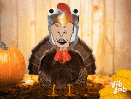 A Picture Of A Turkey With A Man 'S Face On Its Head GIF