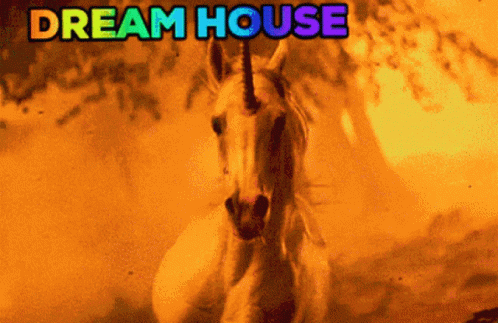 A Picture Of A Unicorn With The Words Dream House On It GIF