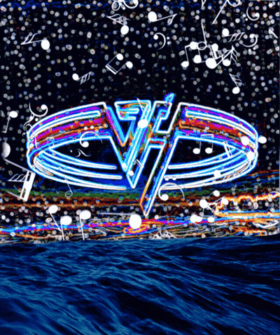 A Picture Of A Van Halen Logo With Music Notes Around It GIF