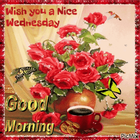 A Picture Of A Vase Of Red Roses And A Cup Of Coffee GIF