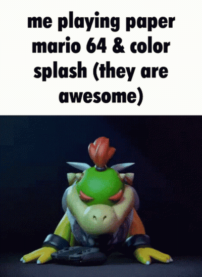 A Picture Of A Video Game Character That Says Me Playing Paper Mario 64 And Color Splash ( They Are Awesome ) GIF