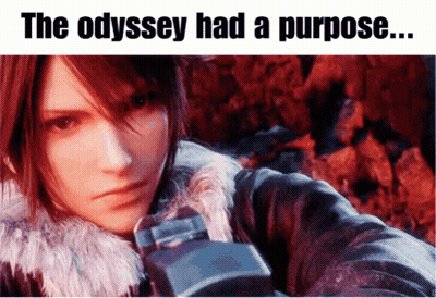 A Picture Of A Video Game Character With The Words " The Odyssey Had A Purpose " Above It GIF