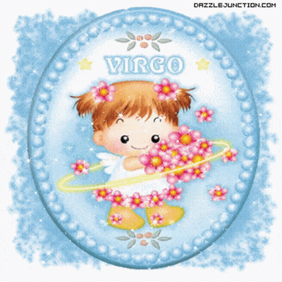 A Picture Of A Virgo Zodiac Sign With A Little Girl Holding Flowers GIF