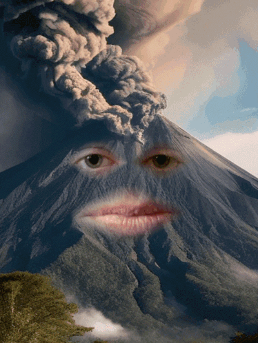 A Picture Of A Volcano With A Woman 'S Face In The Foreground GIF