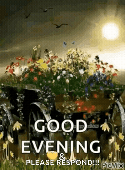 A Picture Of A Wagon Filled With Flowers And The Words `` Good Evening Please Respond '' . GIF