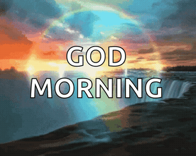 A Picture Of A Waterfall With The Words " God Morning " On It GIF