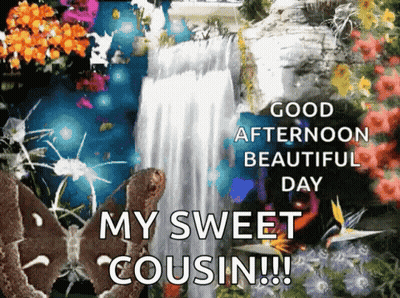 A Picture Of A Waterfall With The Words " Good Afternoon Beautiful Day My Sweet Cousin !!! " GIF