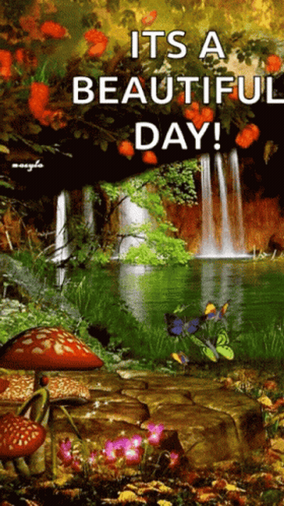 A Picture Of A Waterfall With The Words It 'S A Beautiful Day On It GIF