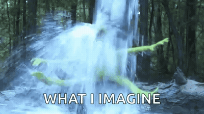 A Picture Of A Waterfall With The Words What I Imagine Written Below It GIF