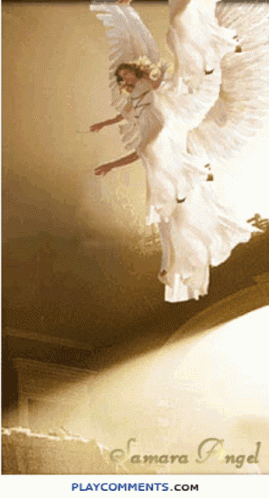 A Picture Of A White Angel With The Words Samara Angel On The Bottom Right GIF