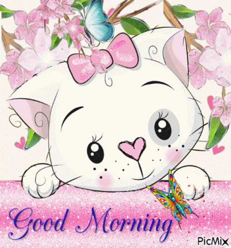 A Picture Of A White Cat With A Pink Bow On Its Head And The Words Good Morning On The Bottom GIF