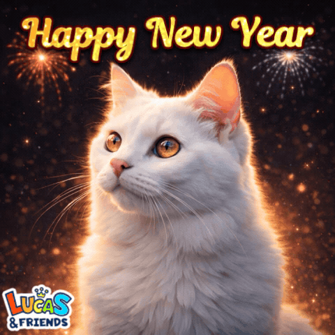 A Picture Of A White Cat With Fireworks In The Background And The Words Happy New Year GIF