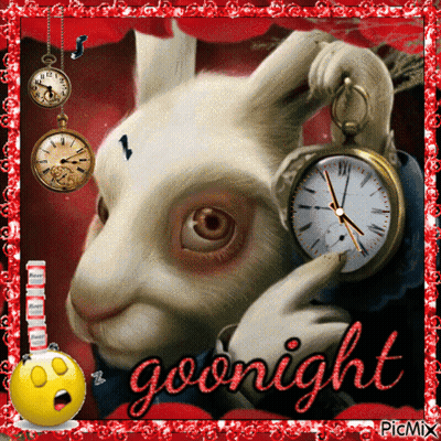 A Picture Of A White Rabbit Holding A Pocket Watch With The Words Goodnight On It GIF