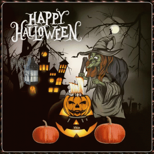 A Picture Of A Witch And Pumpkins With The Words Happy Halloween GIF