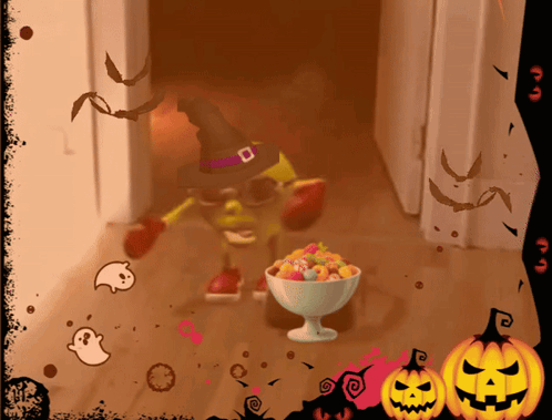 A Picture Of A Witch With A Bowl Of Candy GIF