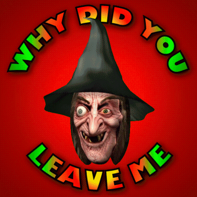 A Picture Of A Witch With The Words " Why Did You Leave Me " Around It GIF
