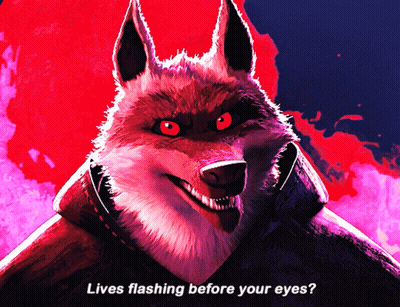 A Picture Of A Wolf With Red Eyes And The Words " Lives Flashing Before Your Eyes " GIF