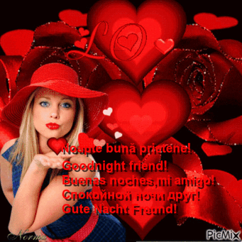 A Picture Of A Woman Blowing A Kiss With The Words Goodnight Friend Written On It GIF