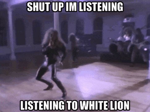 A Picture Of A Woman Dancing With The Words Shut Up Im Listening Listening To White Lion GIF
