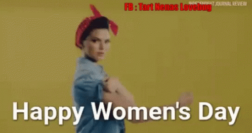 A Picture Of A Woman Flexing Her Muscles With The Words Happy Women 'S Day On The Bottom GIF