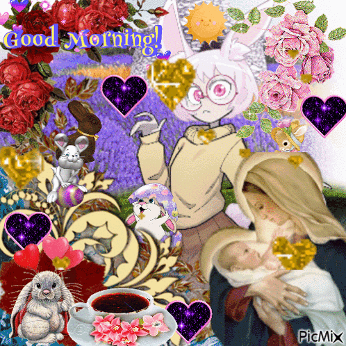 A Picture Of A Woman Holding A Baby With The Words Good Morning Written On It GIF