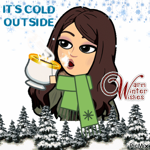 A Picture Of A Woman Holding A Cup Of Hot Chocolate With The Words It 'S Cold Outside GIF