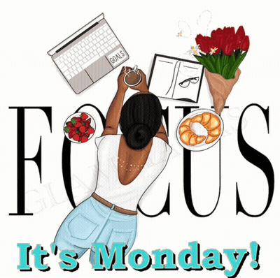 A Picture Of A Woman Holding A Cup With The Words Focus It 'S Monday GIF