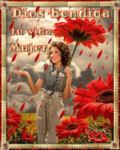 A Picture Of A Woman Holding A Flower That Says Dios Bendiga GIF