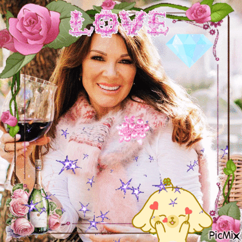 A Picture Of A Woman Holding A Glass Of Wine With The Word Love Surrounded By Flowers GIF