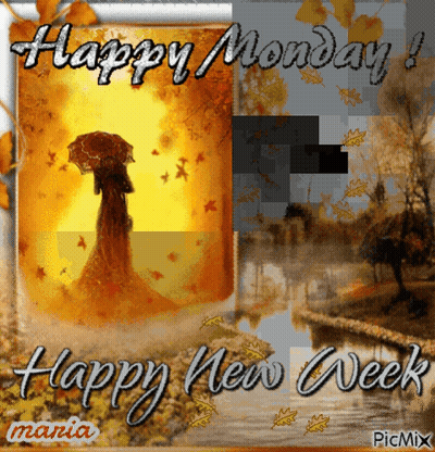 A Picture Of A Woman Holding An Umbrella That Says Happy Monday GIF