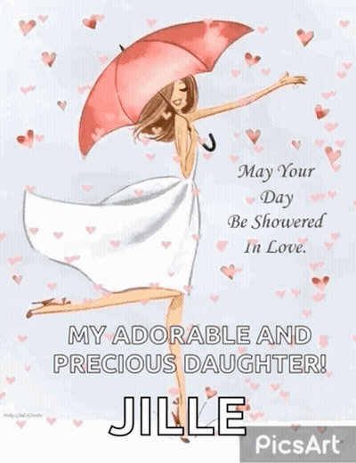 A Picture Of A Woman Holding An Umbrella With The Name Jille GIF