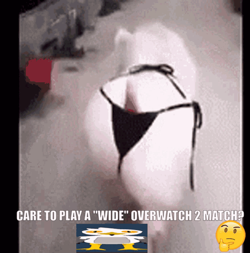 A Picture Of A Woman In A Bikini With The Caption " Care To Play A " Wide " Overwatch 2 Match ? " GIF
