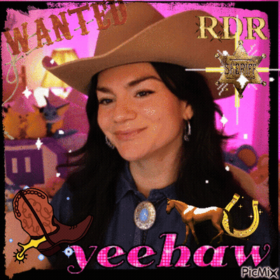 A Picture Of A Woman In A Cowboy Hat With Wanted Yeehaw Written On It GIF