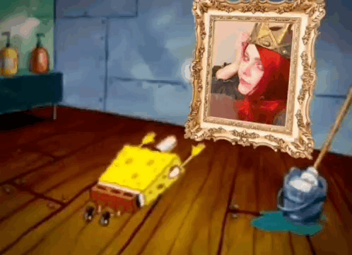 A Picture Of A Woman In A Crown Is In A Picture Frame Next To Spongebob GIF