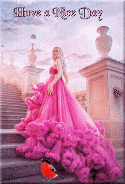 A Picture Of A Woman In A Pink Dress With The Words Have A Nice Day On The Bottom GIF