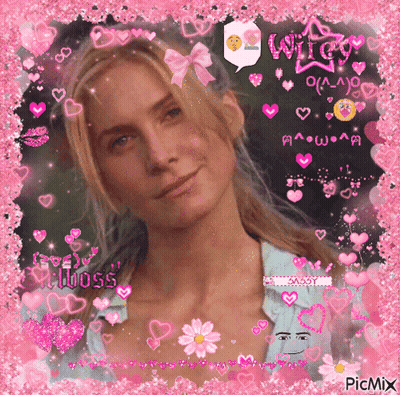 A Picture Of A Woman In A Pink Frame With The Word Wigg On The Top GIF