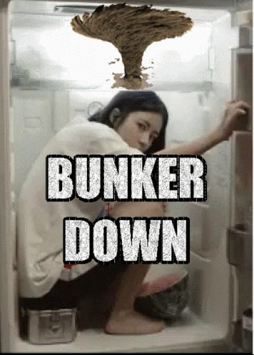 A Picture Of A Woman In A Refrigerator With The Words Bunker Down On It GIF