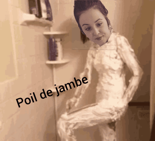 A Picture Of A Woman In A Shower With The Words Poil De Jambe Written On It GIF