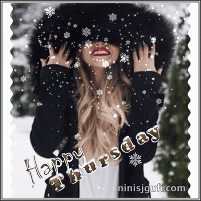 A Picture Of A Woman In The Snow With The Words Happy Thursday On It GIF