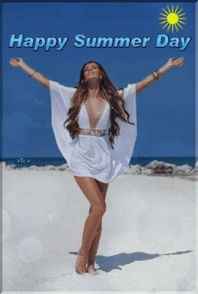 A Picture Of A Woman On The Beach With The Words Happy Summer Day GIF